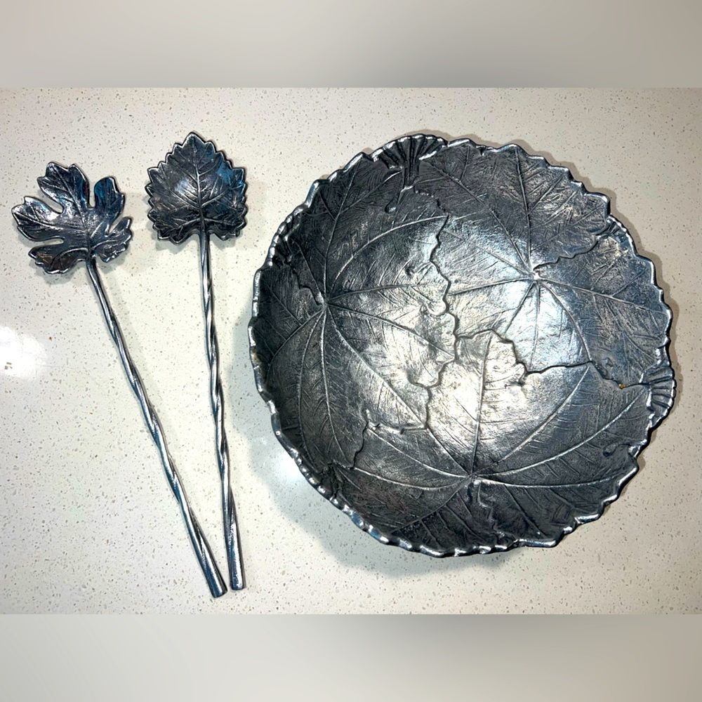 Martha Stewart Collection Park Leaves Salad Bowl + Servers Tongs Silver leaf
